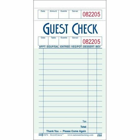 NATIONAL CHECKING CO National Checking Single Copy Cardboard Guest Check 3.5 in. x 6.75 in. Green Bulk Pack Medium, 50PK G3674